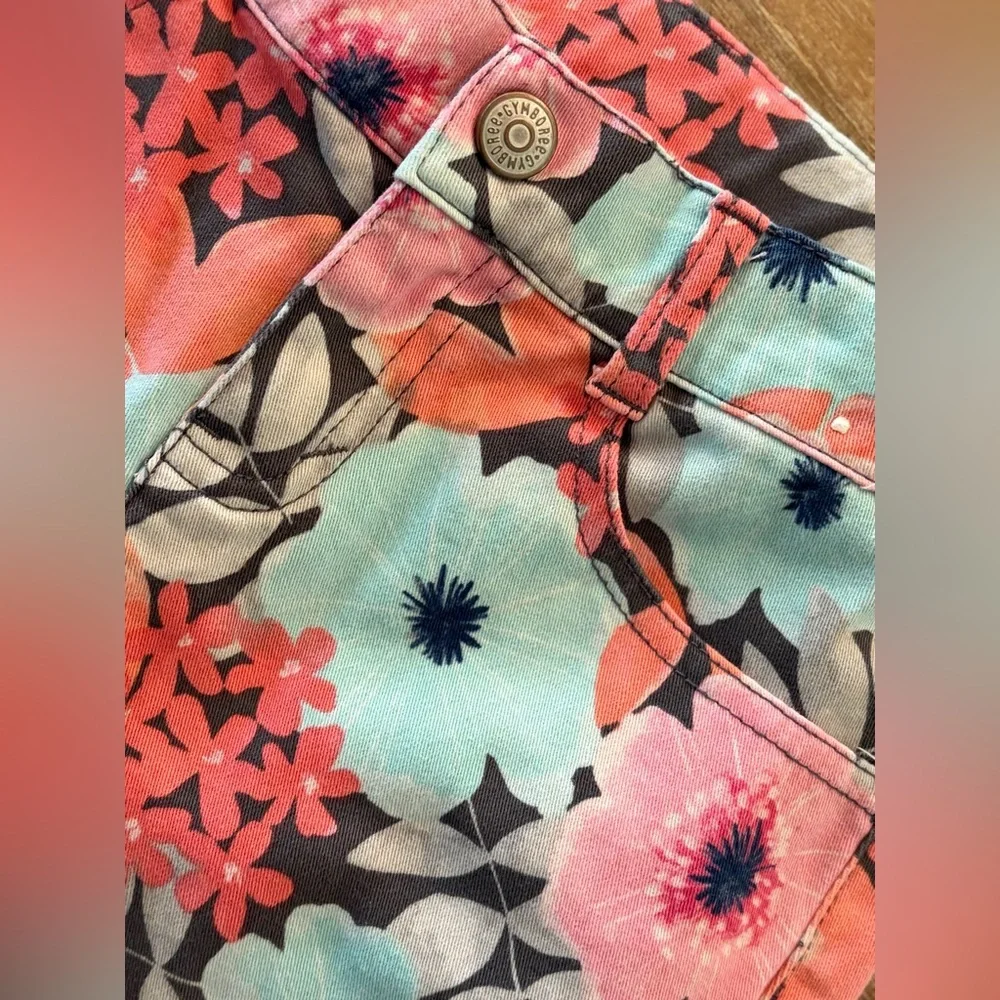 Gymboree Girls Stretch Jeans‎ Size 8 Adjustable Waistband, Coral & Aqua Floral